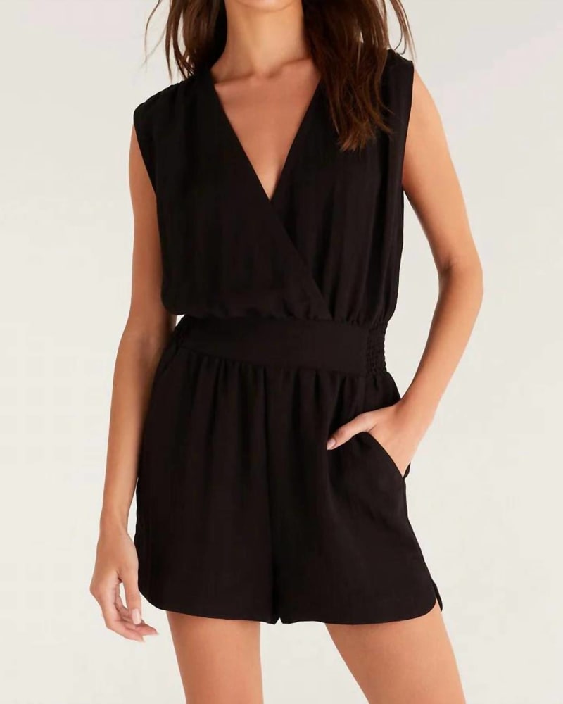 Front of a model wearing a size XL Sun Tanned Romper In Black in Black by Z Supply. | dia_product_style_image_id:355985